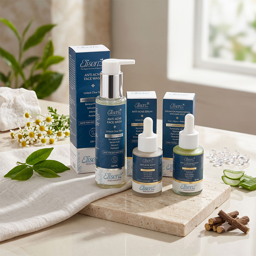 Elisenz Anti Acne Face Wash bottle and carton styled with botanicals